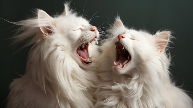 Photo two white cats are yawning and one has its mouth open