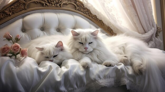 침대에 흰 고양이 두 마리
