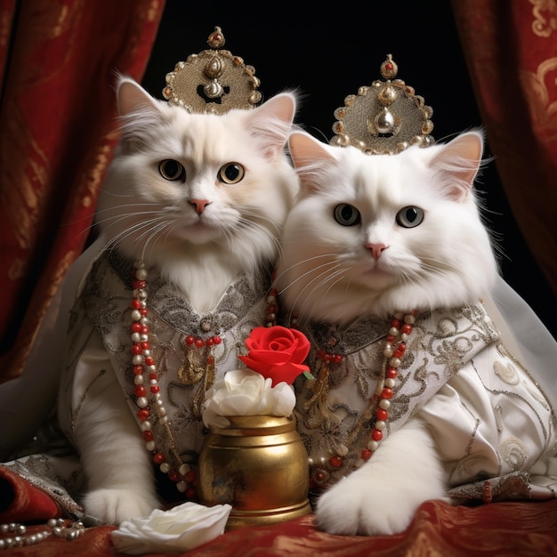 ティアブルと真珠を身に着けた2匹の白猫が赤い布の上に座っている生成AI