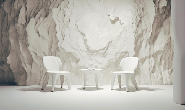 Two white chairs in a room with a white wall and a white wall with a large rock on the right.