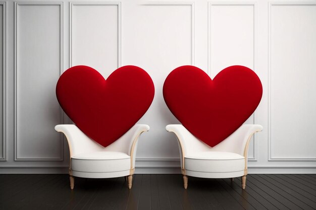 Photo two white chairs with red hearts on them