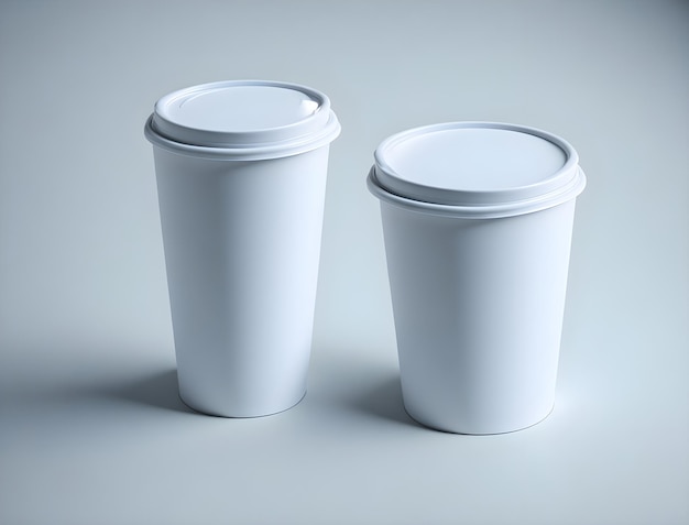 Two white coffee cups with the lid on the top.