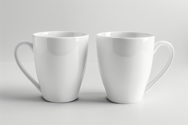 Two white coffee mugs on a gray background