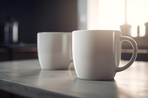 Two white coffee mugs on a table, one of which is a white mug.