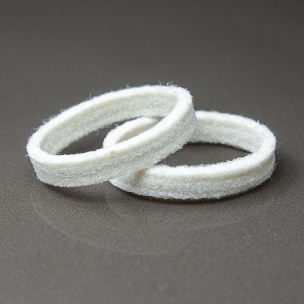 Photo two white cotton rings sit on a gray surface.