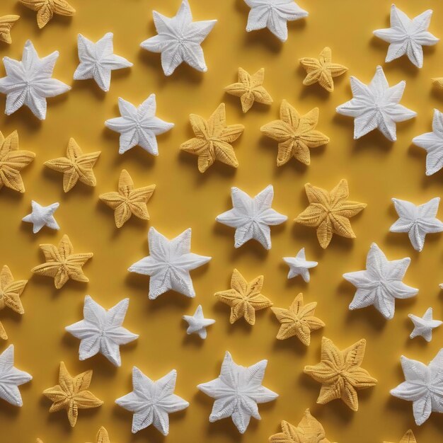 Two white crocheted star pattern on a yellow background