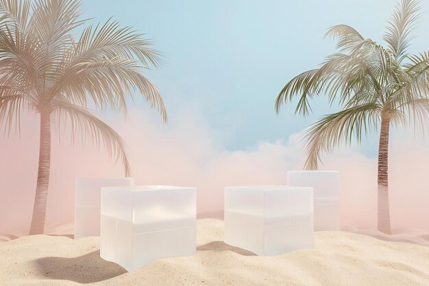 Photo two white cubes on the sand with palm trees