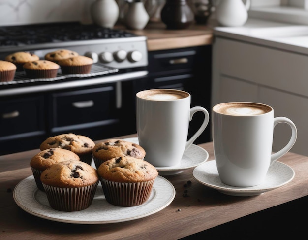 Two white cups of cofee and freshly baked muffins