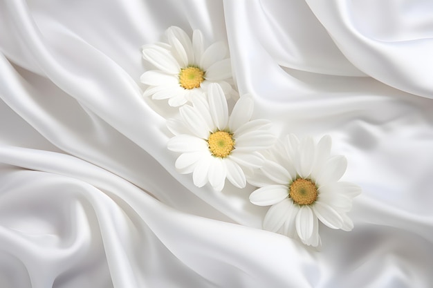 Два белых цветка ромашки на белой шелковистой ткани крупным планом Нежная свадьба или другая концепция Поздравительная или пригласительная открытка
