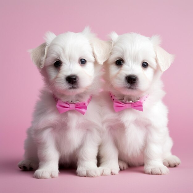 Two white dogs with pink bows are sitting next to each other generative ai