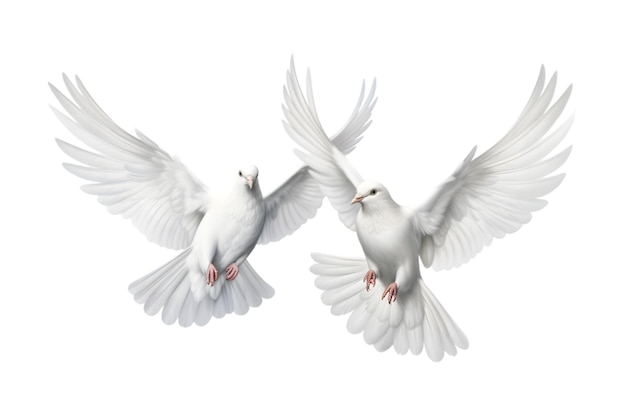 흰 비둘기 두 마리가 흰 배경에 고립되어 날고 있다