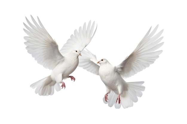 Two white doves are flying isolated on a white background