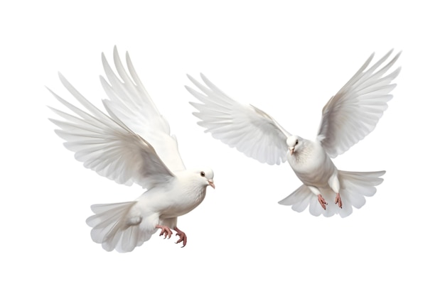 Two white doves are flying isolated on a white background