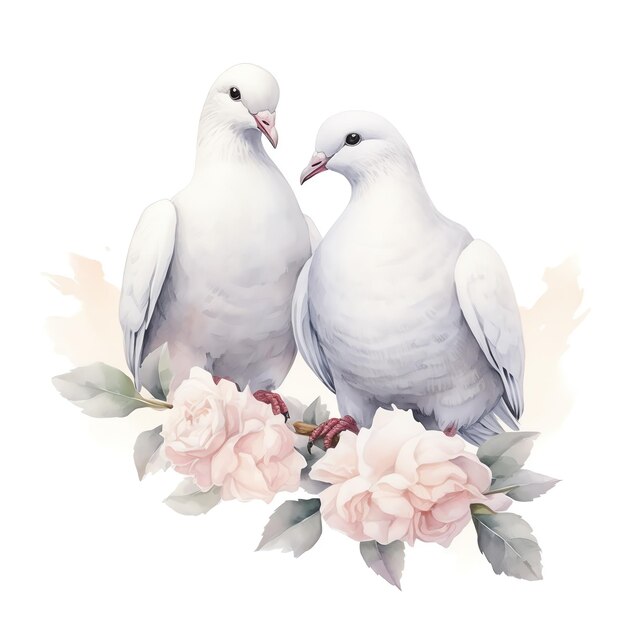 два белых голубя на ветке с цветами