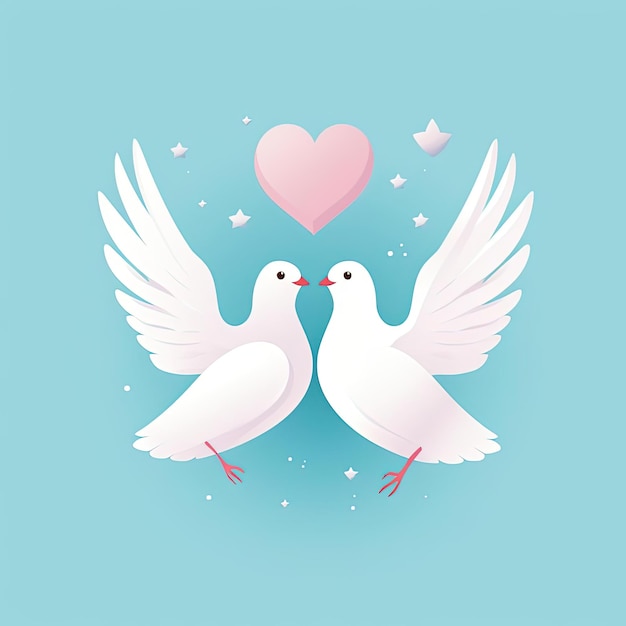 two white doves with hearts in the shape of on blue background