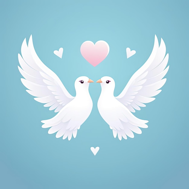 two white doves with hearts in the shape of on blue background