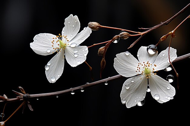 two white flowers on a branch