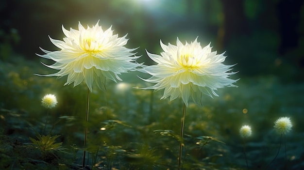 Two white flowers in the grass with the sun shining on them