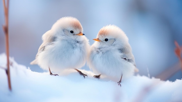겨울에 눈 위에 앉아 있는 두 마리의  ⁇   ⁇ 은 새