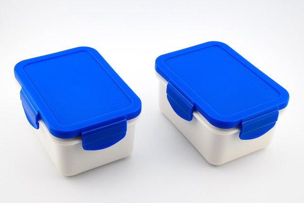 two white food plastic containers with blue lid for lunch