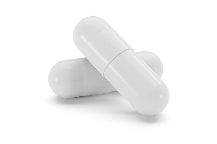 Photo two white hard starch capsule pills isolated on white background 3d rendering illustration