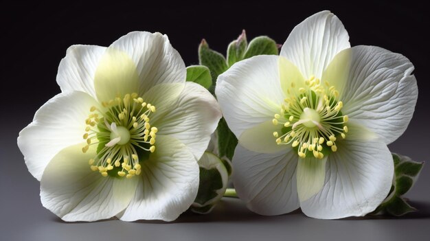 暗い背景に 2 つの白いヘレボルスの花をクローズ アップ