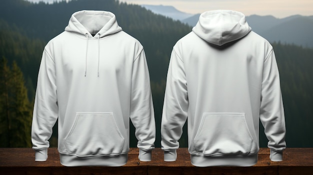 Two white hoodies on a wooden table with a mountain in the background generative ai