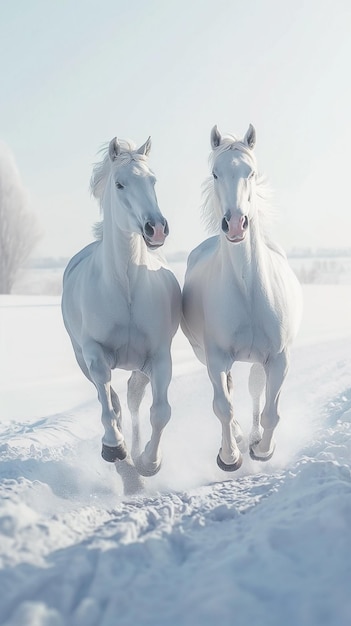 Two white horses galloping together on a snowcovered field on a background of a winter forest