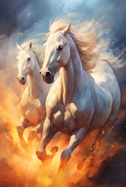 Two white horses run gallop in the fire digital painting