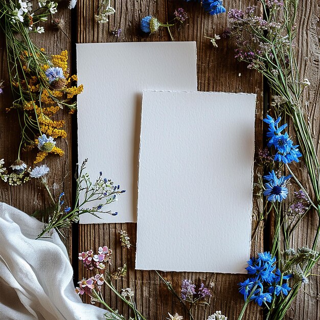 Two white invitation cards mockup with a satin tape decoration on a boho table with wildflowers