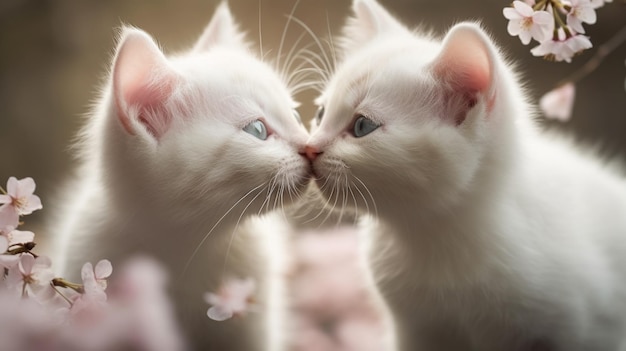 Two white kittens with cherry blossom flowers on a brown backgroundgenerative ai