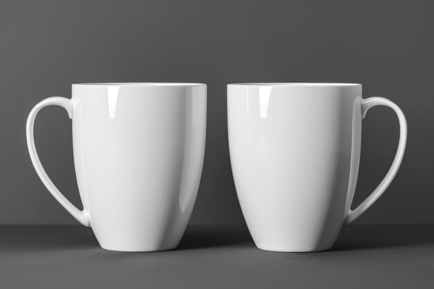 two white mugs are shown in the pose