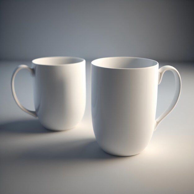 Two white mugs are sitting on a table