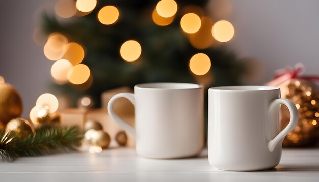 Photo two white mugs sit next to a christmas tree and a christmas tree