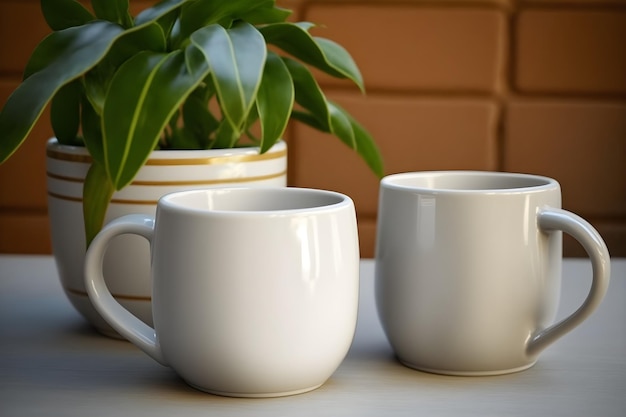 Two white mugs on a table with a plant in the background