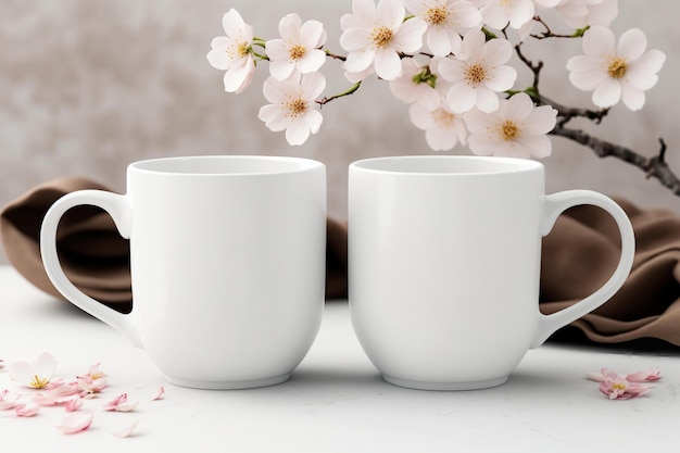 Two white mugs with flowers in the background