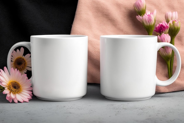 Two white mugs with a pink flower on the side.