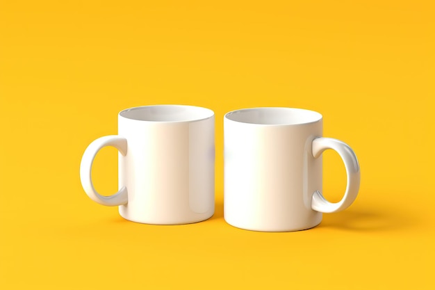 two white mugs on yellow background mockup