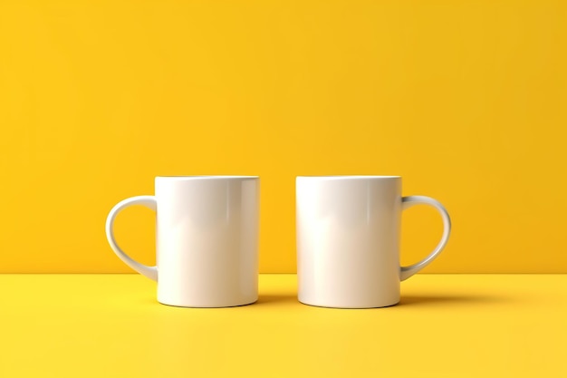 two white mugs on yellow background mockup