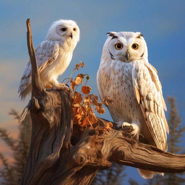 a two white owls sitting on branches