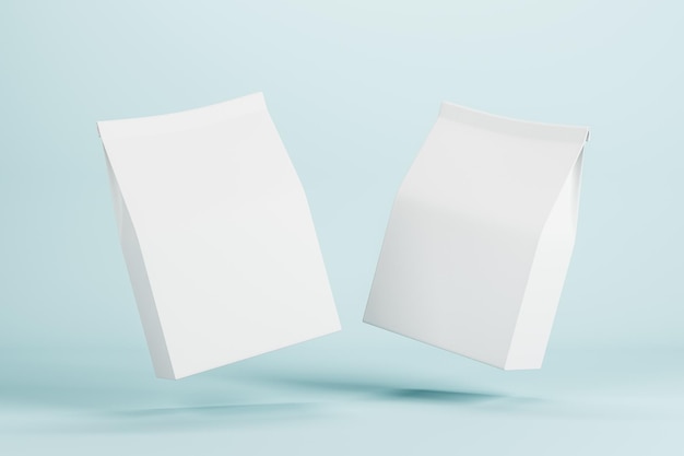 Two white paper bags with copyspace for your logo levitating in the air at blue background Mock up