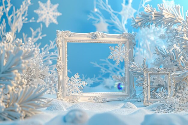 Photo two white picture frames with snowflakes on them are on a tree branch