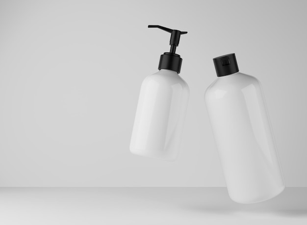 Two white plastic bottles for shower gel and liquid soap floating on studio background 3D render of