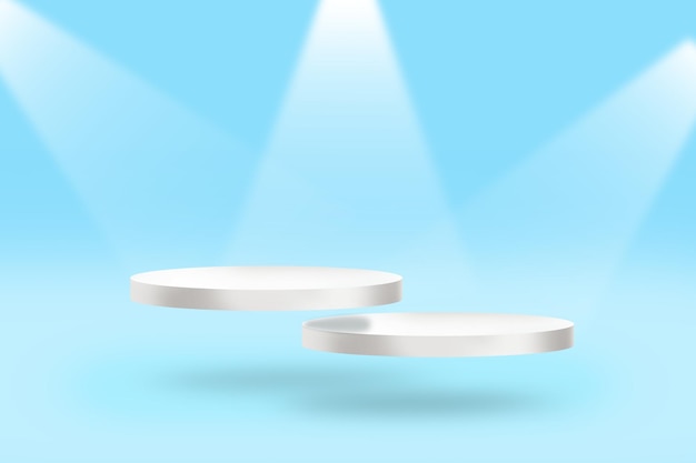 製品のプレゼンテーション用の 2 つの白い表彰台は、青い背景に空中に浮かんでいます。