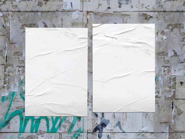 Photo two white posters glued on a grunge wall