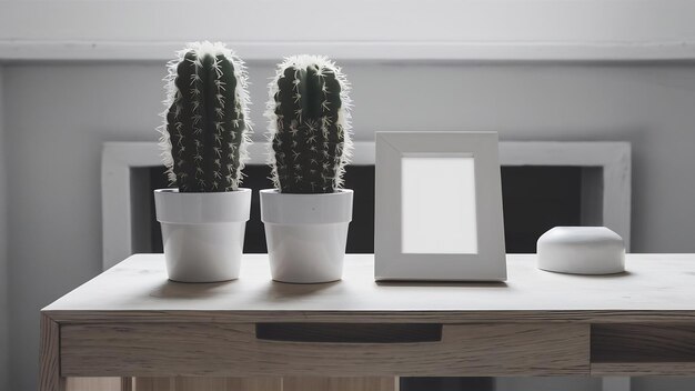 壁の向こうの机の上に白い白い写真フレームを備えた2つの白いポットカクタス植物