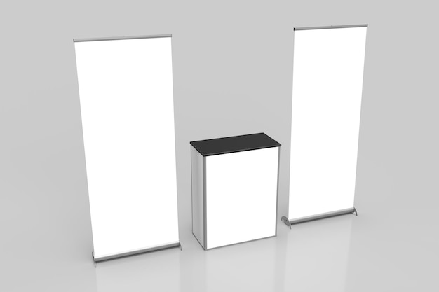Two White Pullup Banner Exhibition Displays and Point of Sale Table in the middlemockup