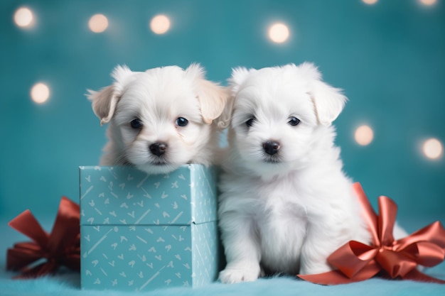 青いギフトボックスの隣に座っている2匹の白い子犬