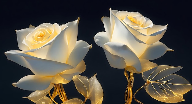 Two white roses with golden edges generated by ai