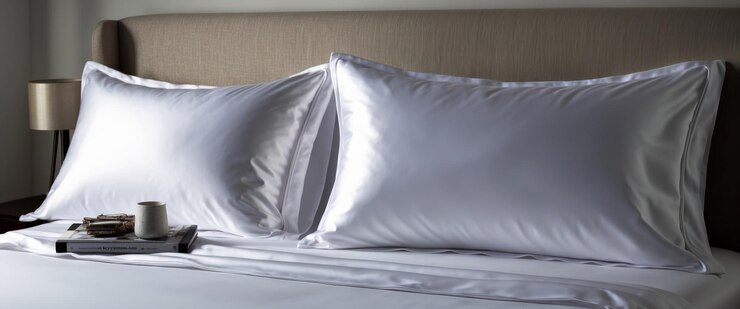 Photo two white satin silk lyocell pillows on a cozy grey headboard bed